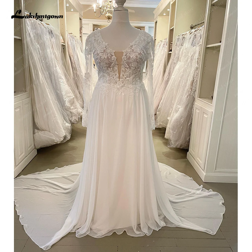 Laksh migown elegante Chiffon lange Ärmel Spitze appliziert eine Linie Brautkleider V-Ausschnitt Brautkleider plus Größe