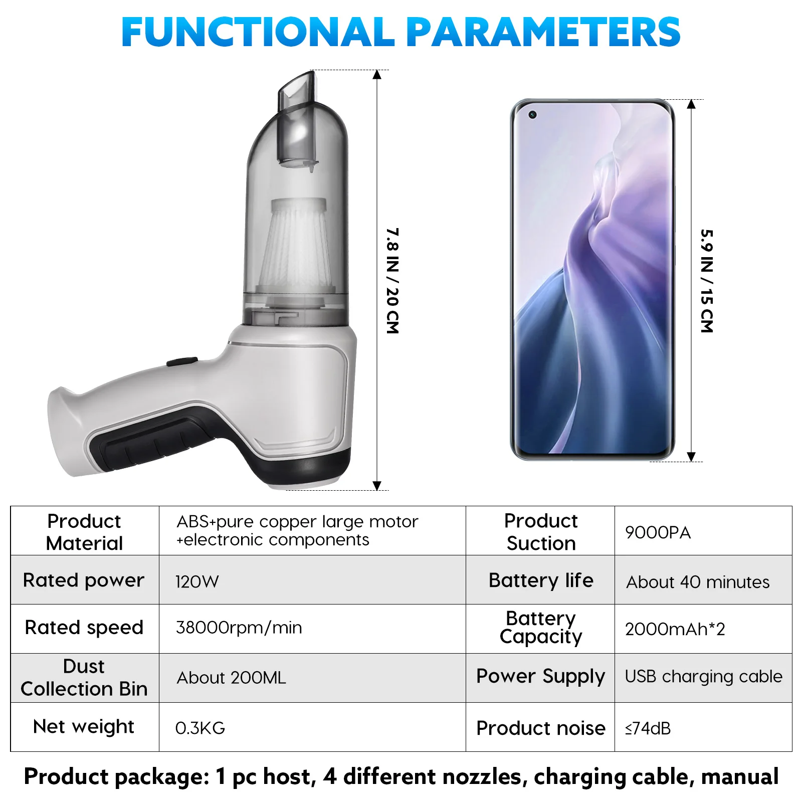

Car Vacuum Cleaner Handheld Portable Cordless HL-107 Brooklyn Gray High Power Long Life Pet Debris Removal Car