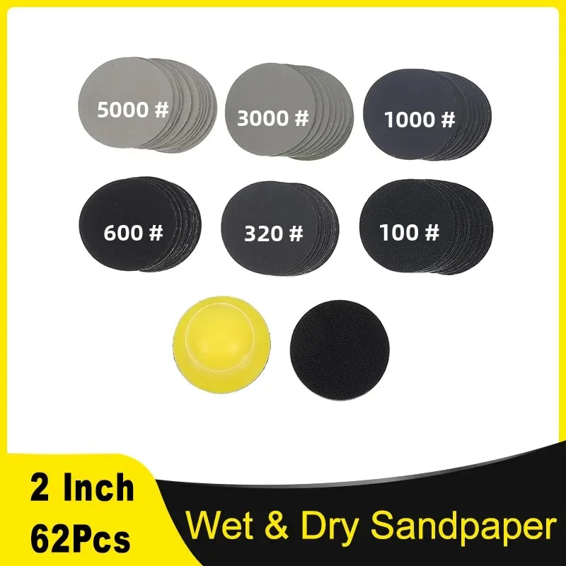 2Inch 50MM Wet and Dry Sandpaper Kit 62Pcs 100-5000Grit with Interface Pad and Backing Pad for Vehicles Drills Manual Work