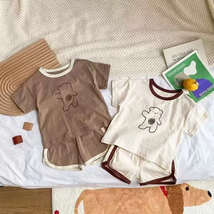 

2025 Toddler Baby Summer New Clothes Sets Boy Girl Korea Embroidered Letters Cotton Short Sleeve T-shirt+Kid Casual Shorts Khaki