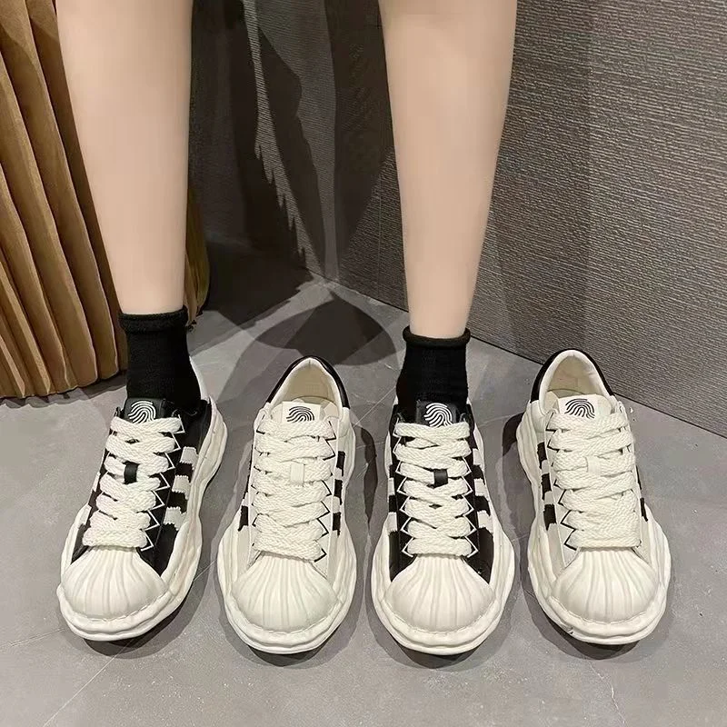 Summer Platform Women's Sports Shoes PU Shell Shape White Women's Sneakers Lace Up Dirty Shoes Vulcanized Shoes for Women