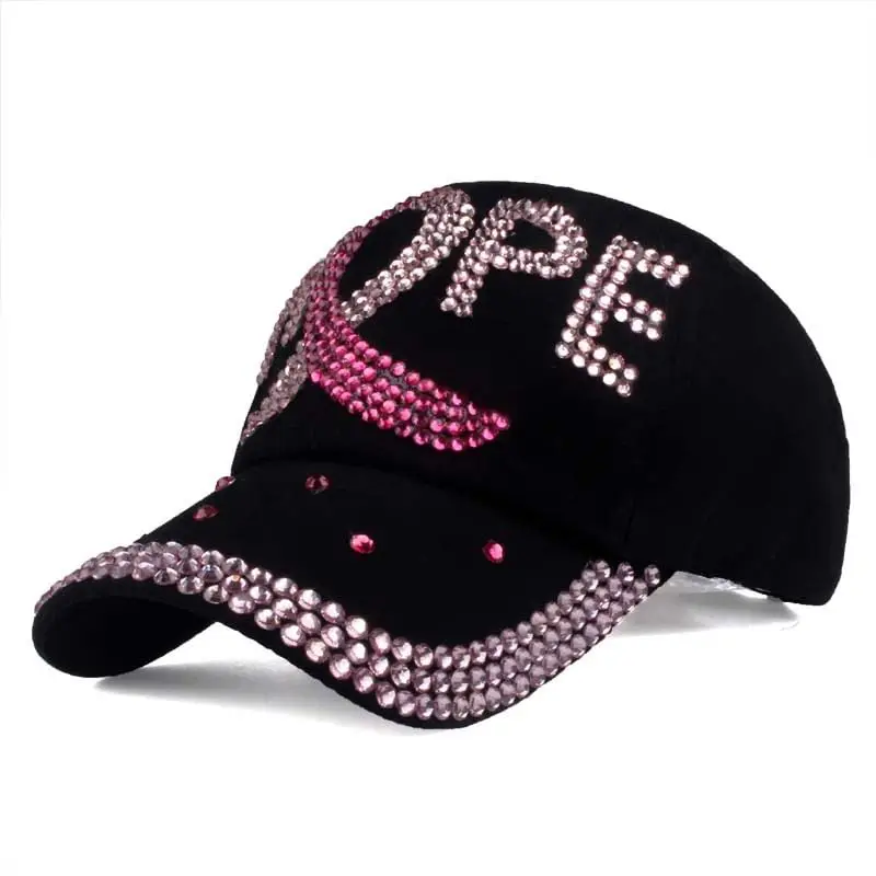 Support Encourage Positive Healing Breast Cancer Awareness HOPE Rhinestone Hat Pink Ribbon Cotton Cap for Patients Survivors