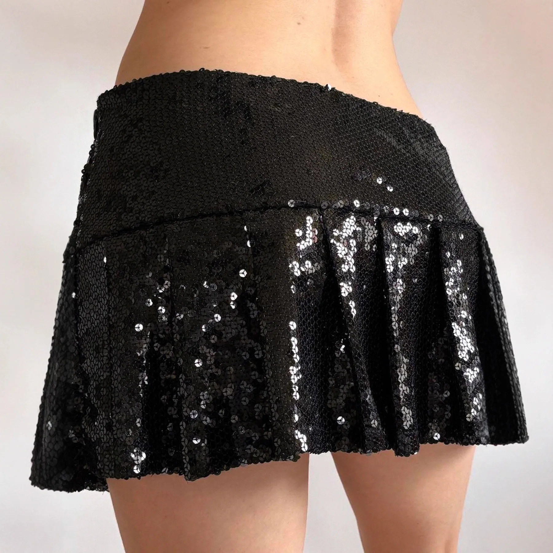 Spice Girls Schwarzer Party-Paillettenrock Design Sense Kurzer Faltenrock mit niedriger Taille für Damen