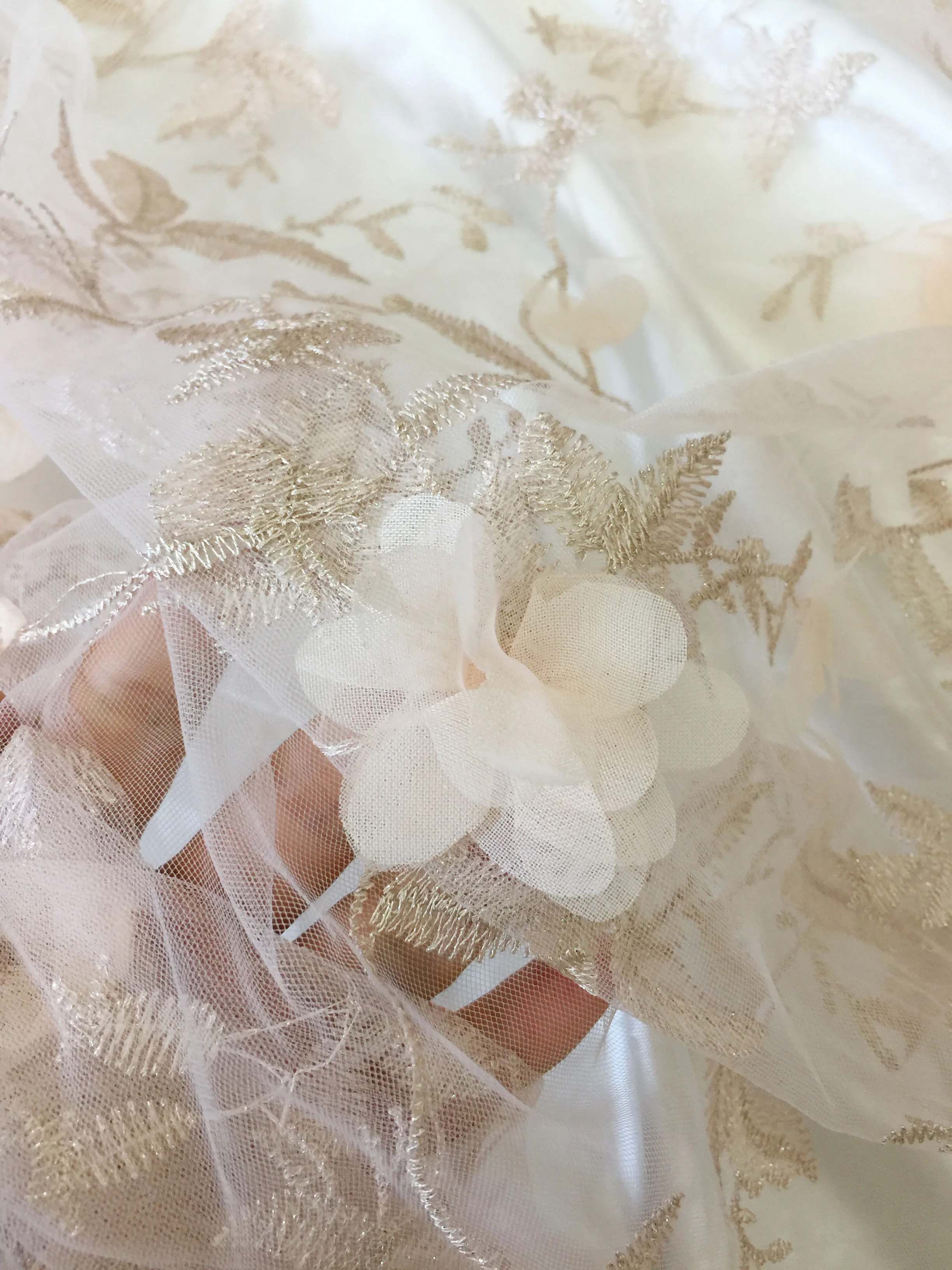 Exquisite Chiffon Meat Powder/Champagne Stereo Flower Screen Yarn Embroidery Lace Fabric Dress and Doll Cloth