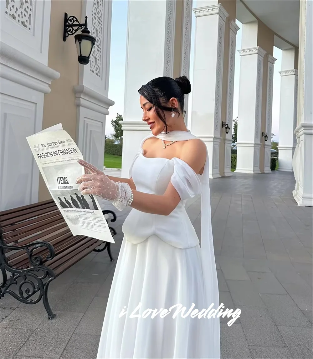 ホワイトプリーツ Aライン ショール付き プロムドレス シンプル オフショルダー ベスティドス デ ノーチェ フロアレングス フォーマル イブニング プリーツ カスタマイズ