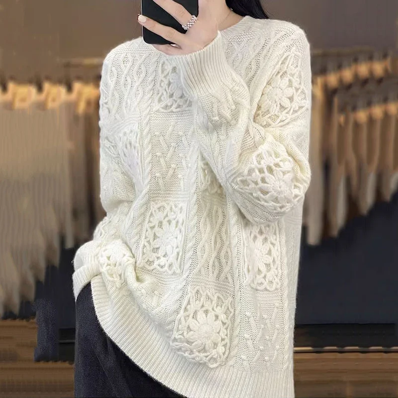 Autumn WinterNew Fashion knitted Pullover Sweater Women Loose Round Neck Hook Hollow Long-Sleeved Sweater Female Bottoming Shirt