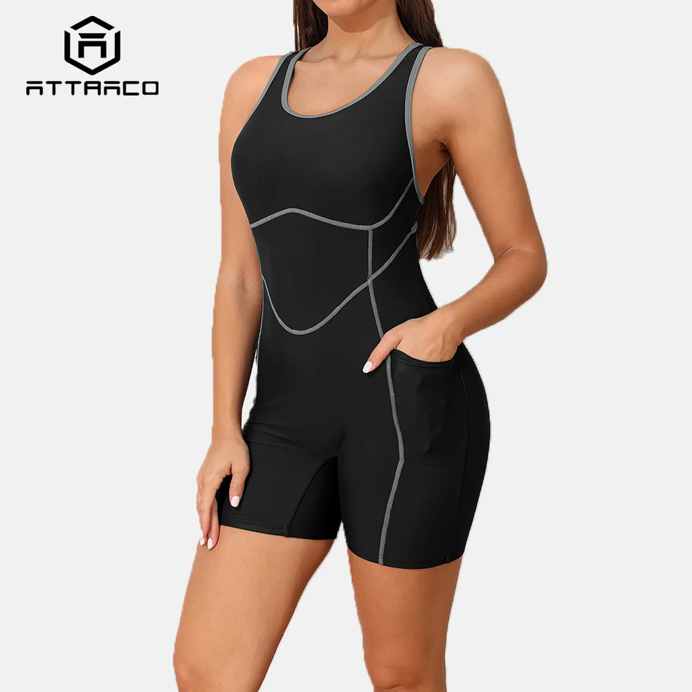 

Attraco Women Sports One-Piece U Neck with 2 Sides Pockets Boyleg X-Shaped Straps Removable Bras Professional Athletic Swimsuit