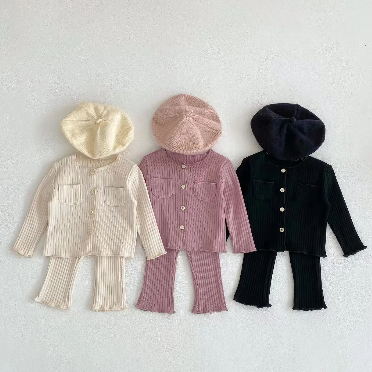 

2024 Autumn New Baby Girl Long Sleeve Clothes Set Solid Ribbed Cardigan + Leggings 2pcs Suit Cotton Infant Home Wear Outfits