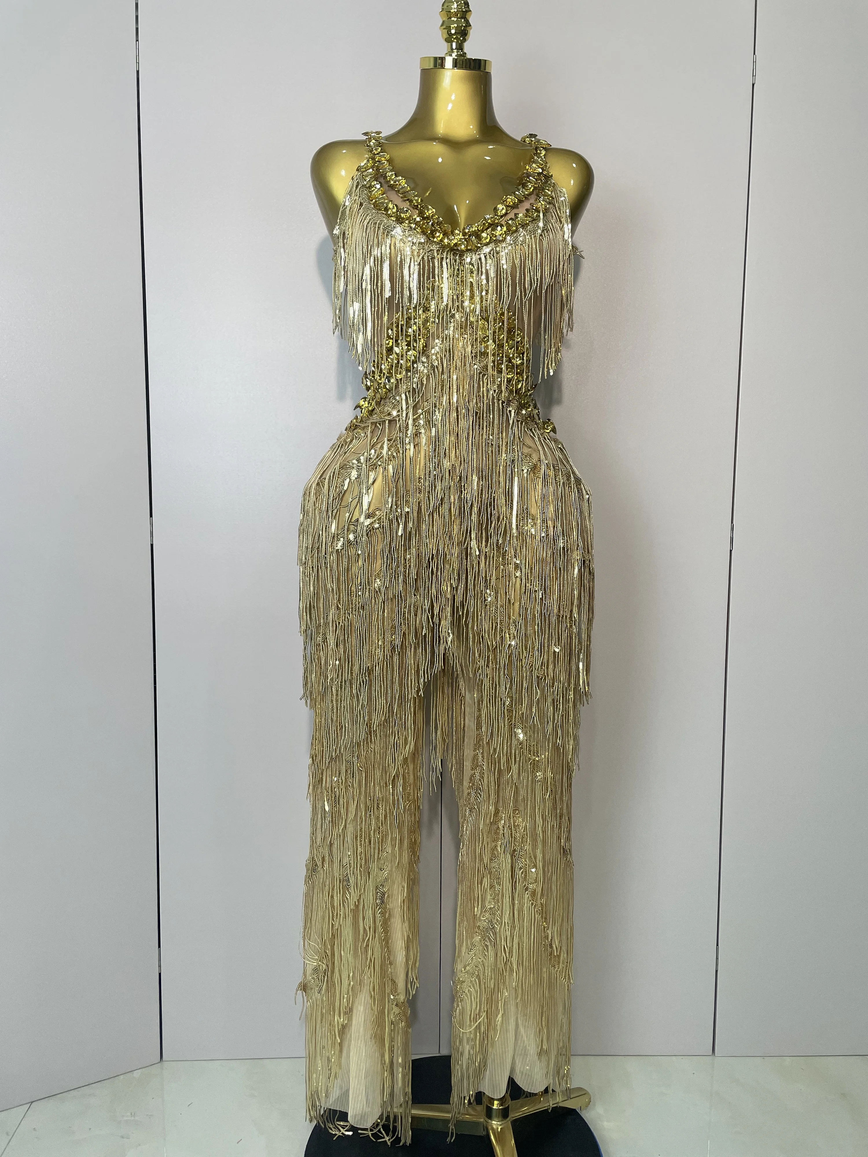 Shiny Gold Rhinestones Sequined Fringe Wide-leg jumpsuit 2025 Women Sexy Night Party Club Outfit Singer Stage Perform Costume