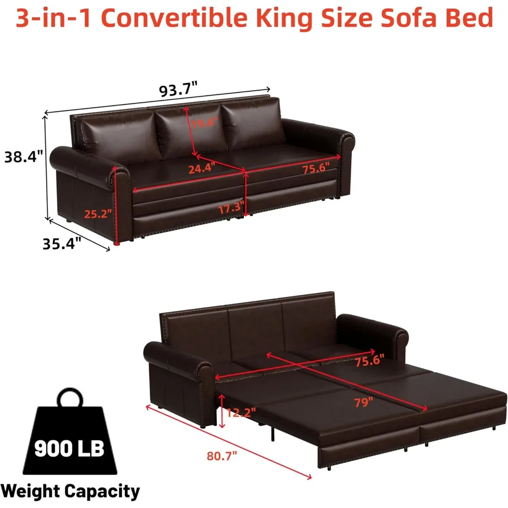 Sofa rozkładana typu king-size, nowoczesna 3-osobowa kanapa ze sztucznej skóry z ozdobnymi ćwiekami, idealna do salonu zapewniająca komfort i styl.