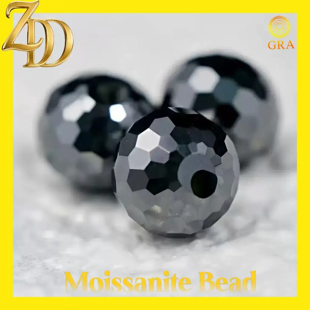 High-Quality Black Round Cut Moissanite Loose Beads With Through Hole, For Full Moissanite Beads Bracelet or DIY Jewelry Making