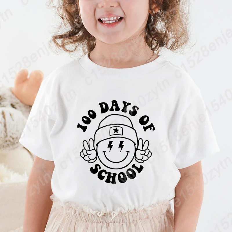 100 Days Of School Print Summer Short Sleeve Round Neck T Shirts Cute Children Girls Loose Tee Shirts Creative Personalized Tops
