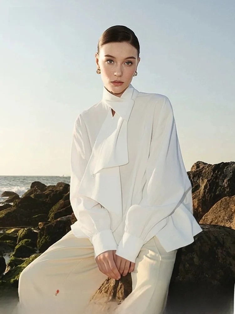 

Elegant Commute Asymmetric Hem Shirt Women's Stand Collar Button Detail Loose Fit Long Sleeve Anti-Wrinkle Polyester Fiber