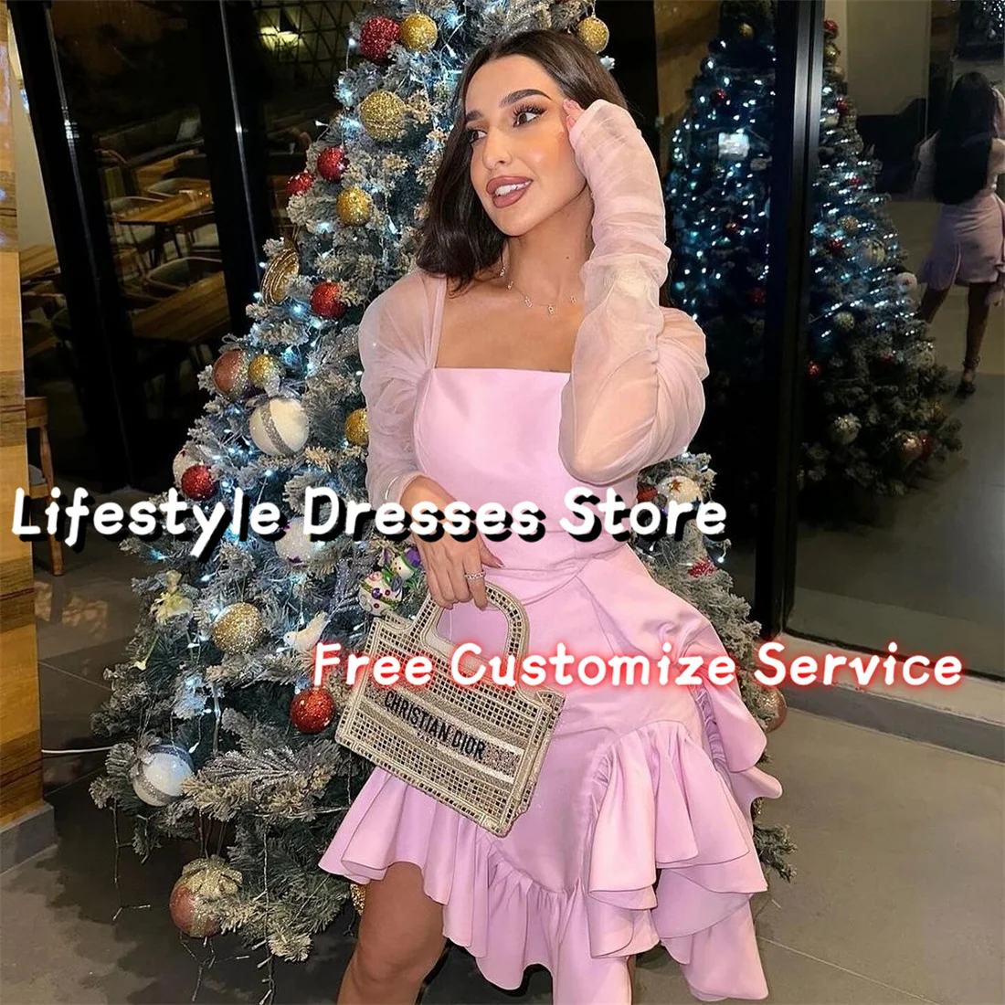 

Square Neck Tulle Long Sleeve Cocktail Dress Pink Above Knee Ruffles Evening Dress 2024 Prom Party Dress vestidos de festa