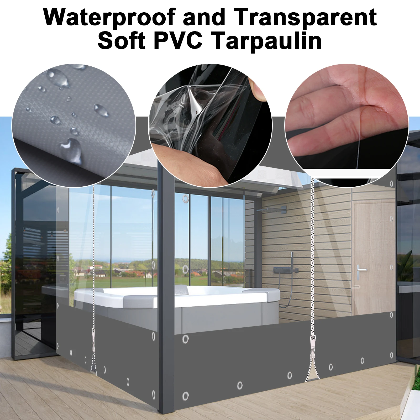 قماش القنب مقاوم للماء عالي التحمل مع سحاب 650 جرام/م2 قماش مشمع شفاف مانع لتسرب الماء ستارة PVC خارجية لمرآب عريشة الشرفة