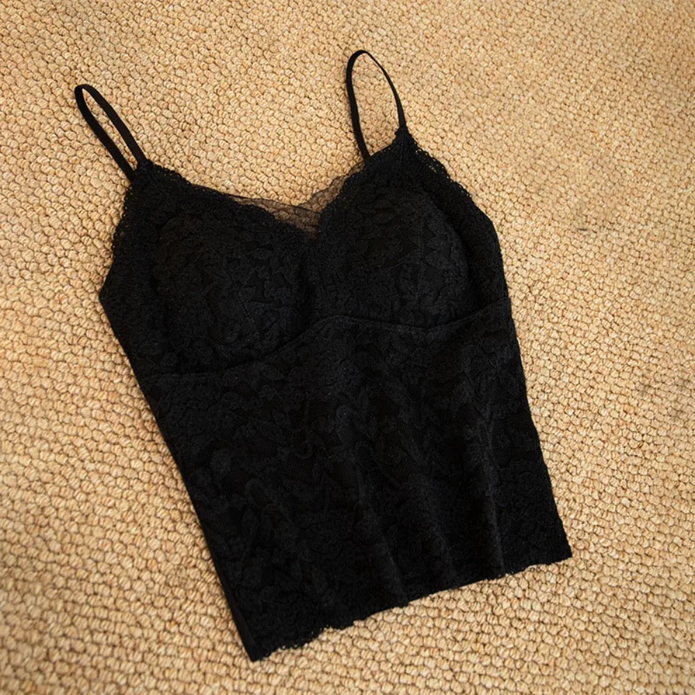 

Chic Mesh Flower Slim Lace Crop Top Bottoming Shirt Sweet Girl's Vest Top Spicy Girls Style Summer Camisole with Pads Lady