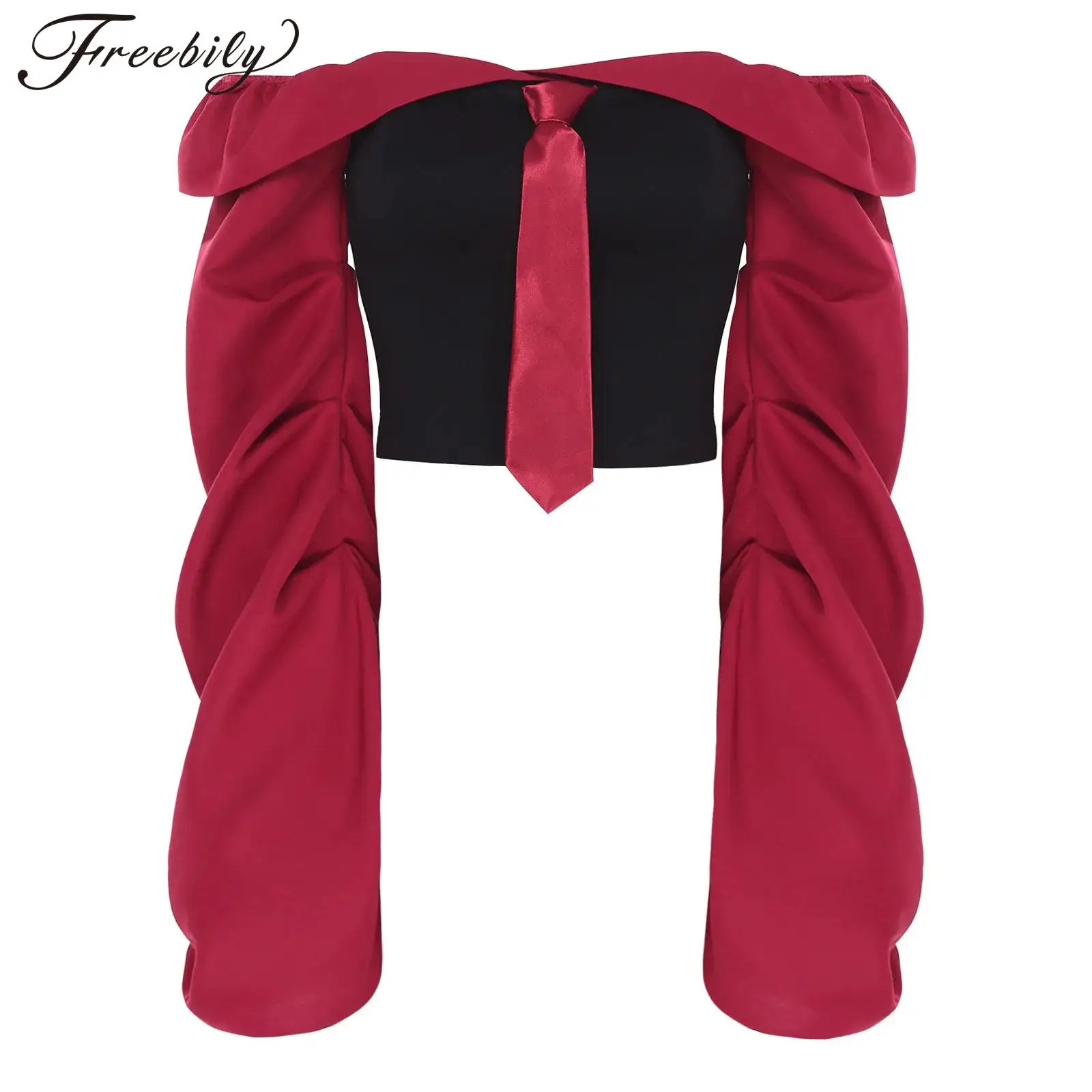 

Women Bell Sleeve Crop Top Casual Blouses Color Block Top Off Shoulder Ruched Fashion Blouse Lady Streetwear Woman's Clothes