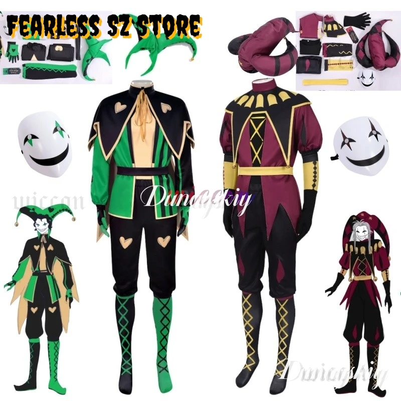 

Red Green Clown Freak Circus Pierrot Cosplay Clown Mask Hat Halloween Horror Men Boy Girl Roleplay Clothes Unisex Suit