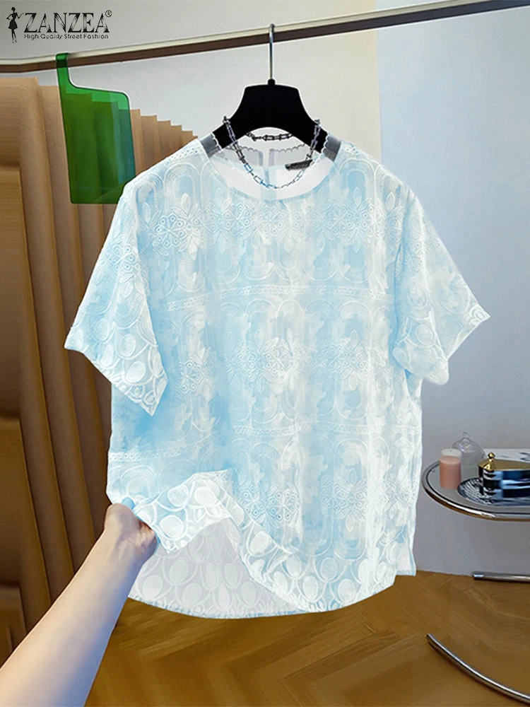 

ZANZEA Casual Lace Trim Blouses Women Ethnic Style Print O-Neck Half Sleeve Blusas Mujer 2025 Summer Stylish Streetwear T-Shirts
