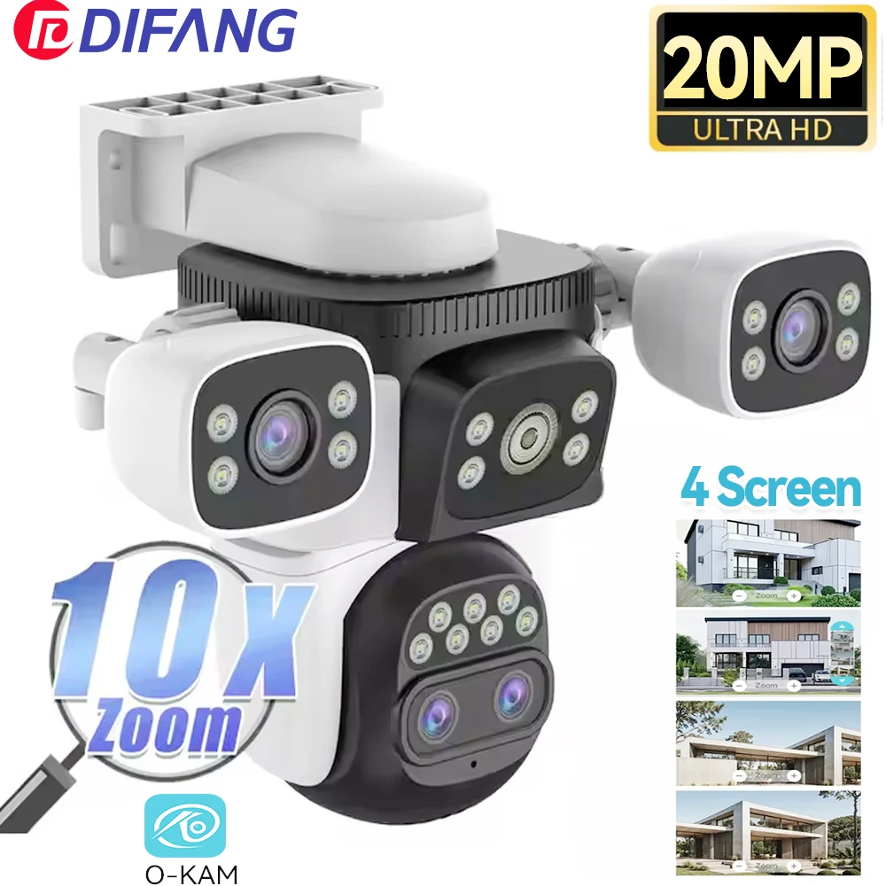 10K 10X Optics Zoom WiFi6 Camera Outdoor 20MP Four Screen Four Len PTZ Automatic Tracking 6K Dual Len Waterproof Security CCTV