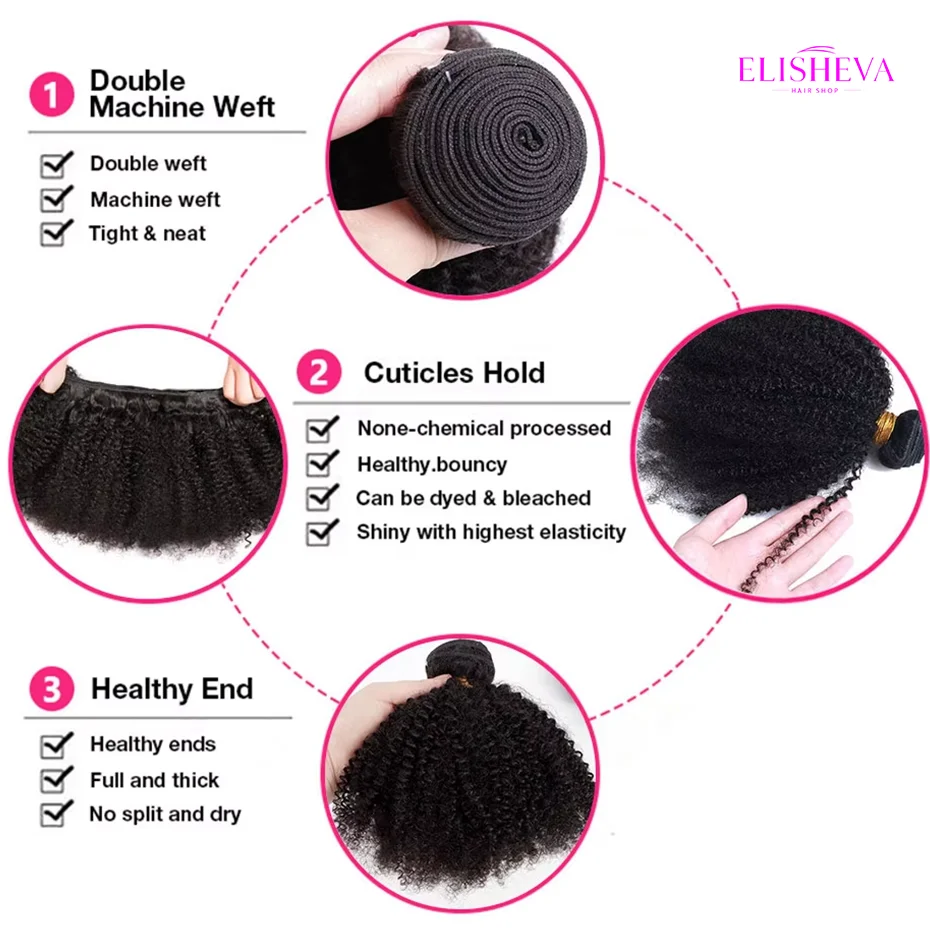 ELISHEVA Raw Indian  Human Hair Weave Bundles 1/3/4 Bundle Deal Afro Kinky Curly Bundles Natural /Jet Black Remy Wavy Extensions