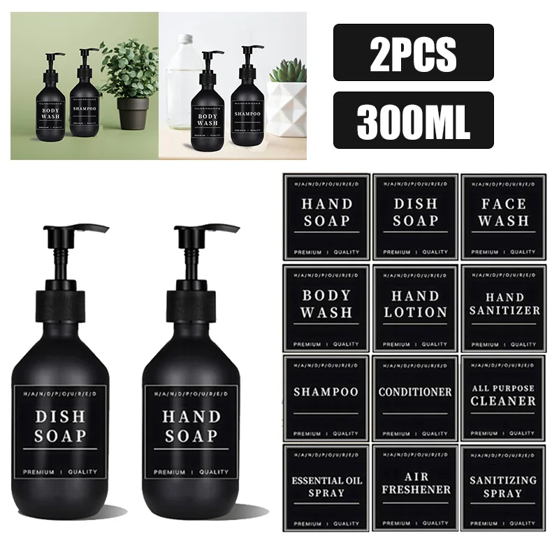 2 Pack 300ML Soap Dispenser With 12 Waterproof Labels Empty Pump Bottles Shampoo Conditioner Lotion Refillable Container