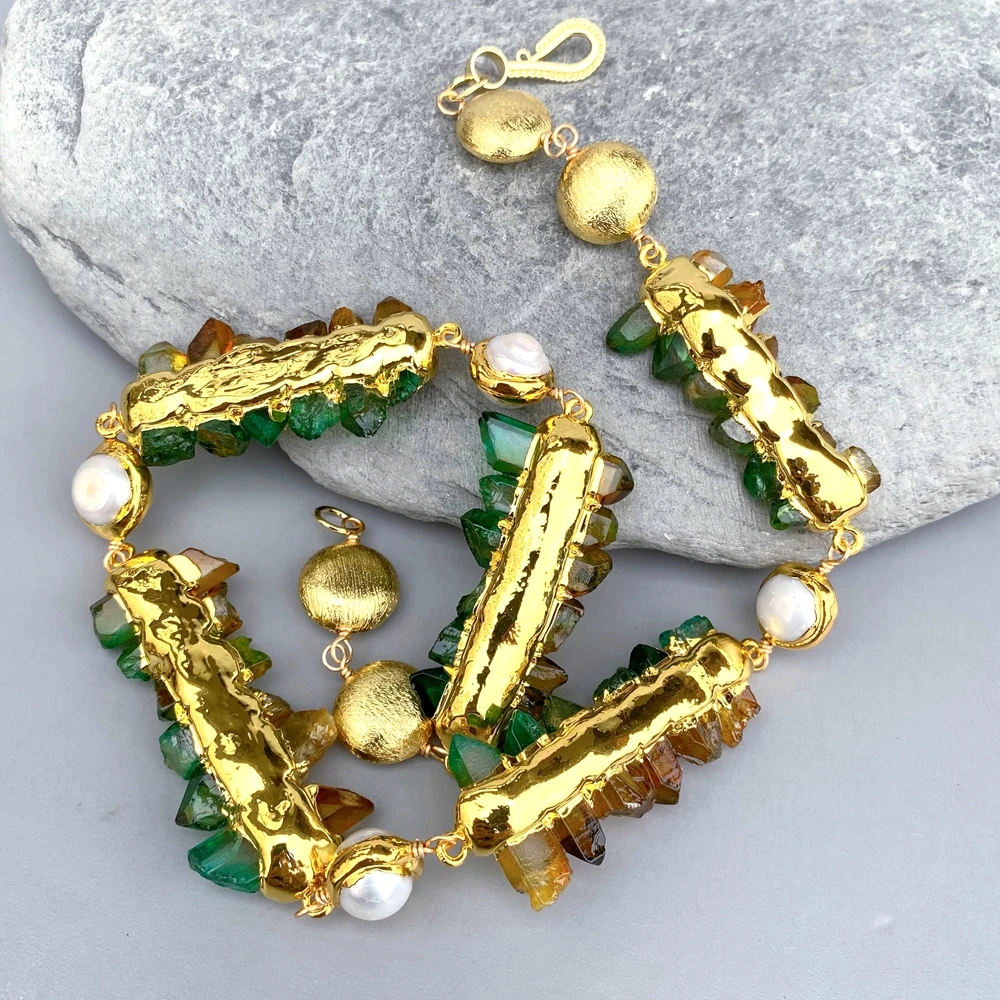 

Y·YING Ожерелье-чокер с зеленым коричневым кварцем, друзой и белым жемчугом, короткое, эффектное, подарок, украшение