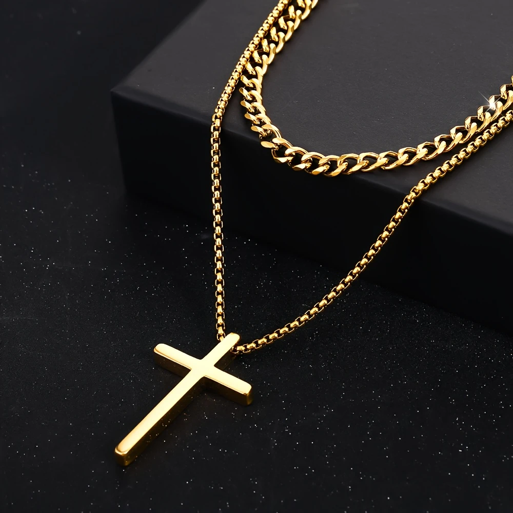 2-Pack Stainless Steel Men's Necklace Pendants - Cuban Chain - Gold Necklace - Cross Necklace - Women's Necklace - Suitable for Daily Wear and Formal Occasions