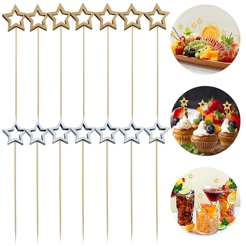 

50 шт./упак. бамбуковые палочки с пятиконечной звездой, одноразовые фруктовые вилки для еды, палочки для барбекю, украшения для коктейлей, напитков, товары для вечеринок
