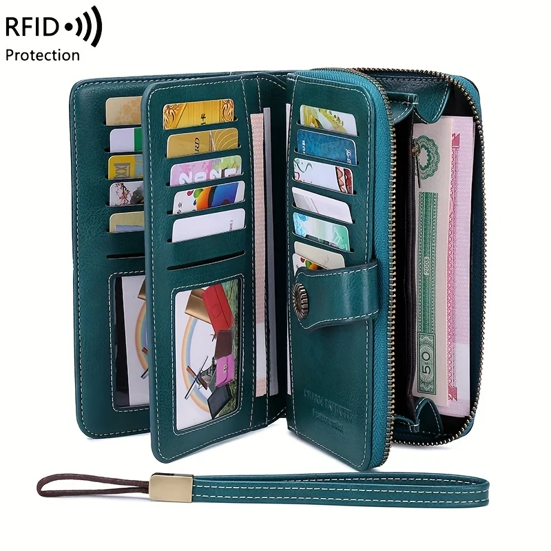 RFID Blocking Vintage Women Long Wallet Large Capacity Multi-card Lady Purse Multi-function Female Zipper Purse with Wrist Strap