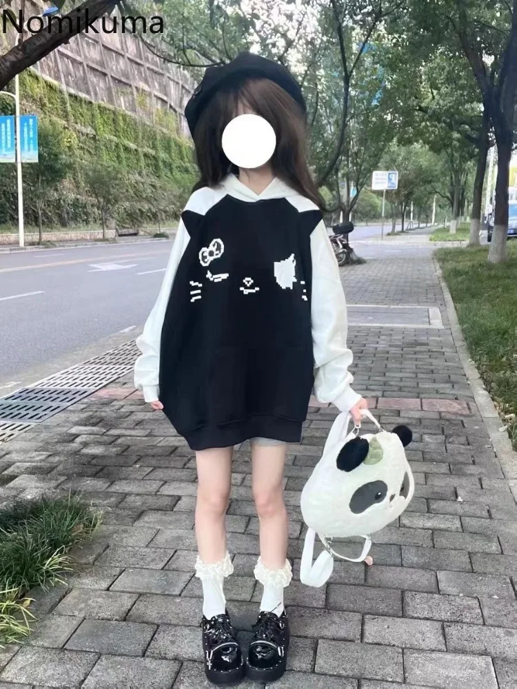 2024 Ropa Mujer Streetwear Anime Hoodie Women Contrast Color Skull Hooded Y2k Tops Casual Fashion Japanese Oversized Sweatshirts