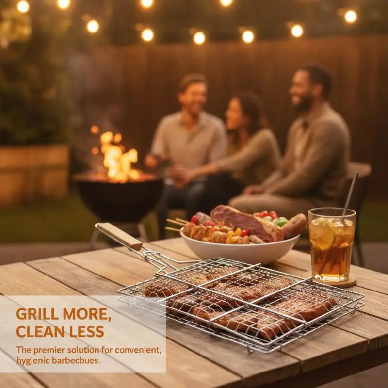 Foldable BBQ Grilling Net Ferroelectric Plating Heat Resistant Scald-proof Wooden Handle for Garden Picnic BBQ