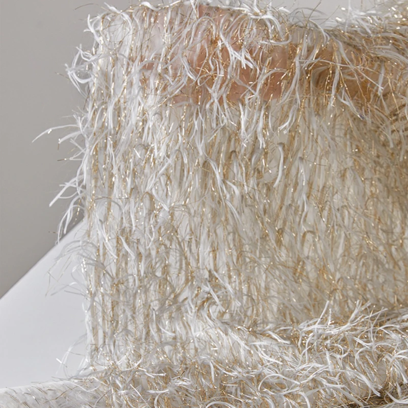 50x145cm Gold White Feather Tassel Fabric Metallic Yarn Textured Handmade DIY Wedding Dress Evening Gown Costume Designer Fabric