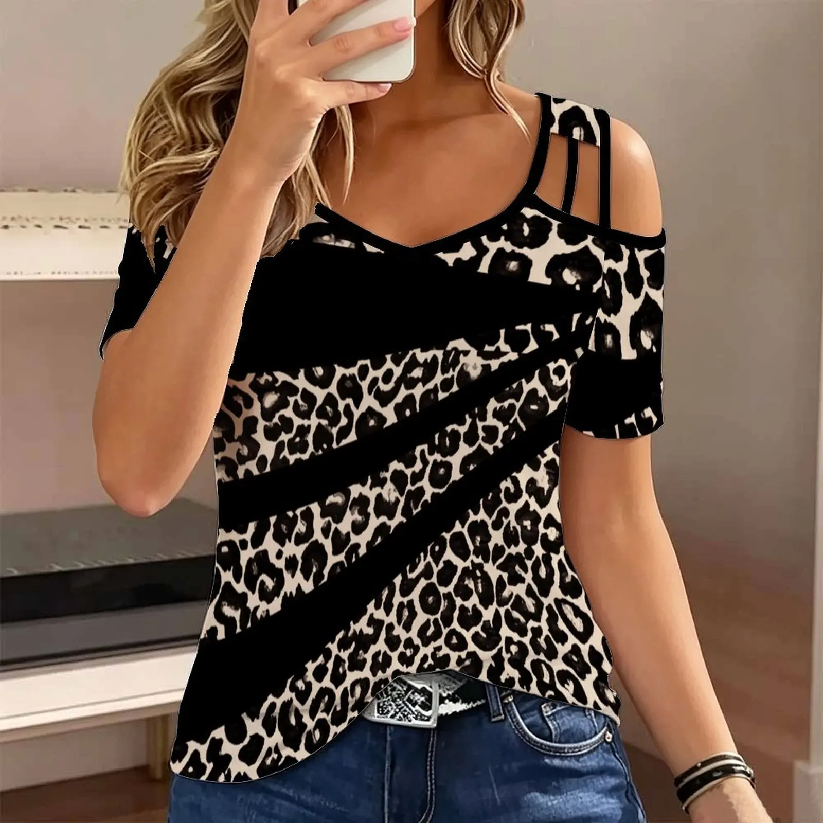 Plus Size Summer Female Fashion Slim V Neck Cold Shoulder Top Retro Elegance Print Women’s T Shirt Everyday Commuting Clothing