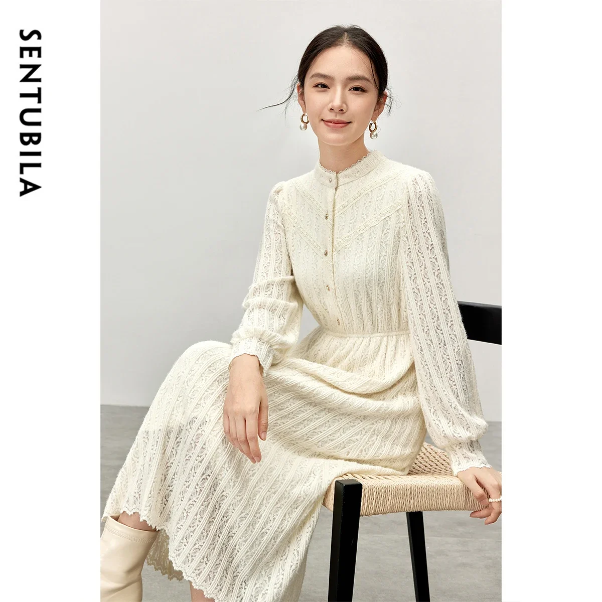 SENTUBILA Hollow Out Lace Dress For Women 2024 Winter Temperament A-line Solid Stand Neck Elegant Ladies Maxi Dress 144L57230