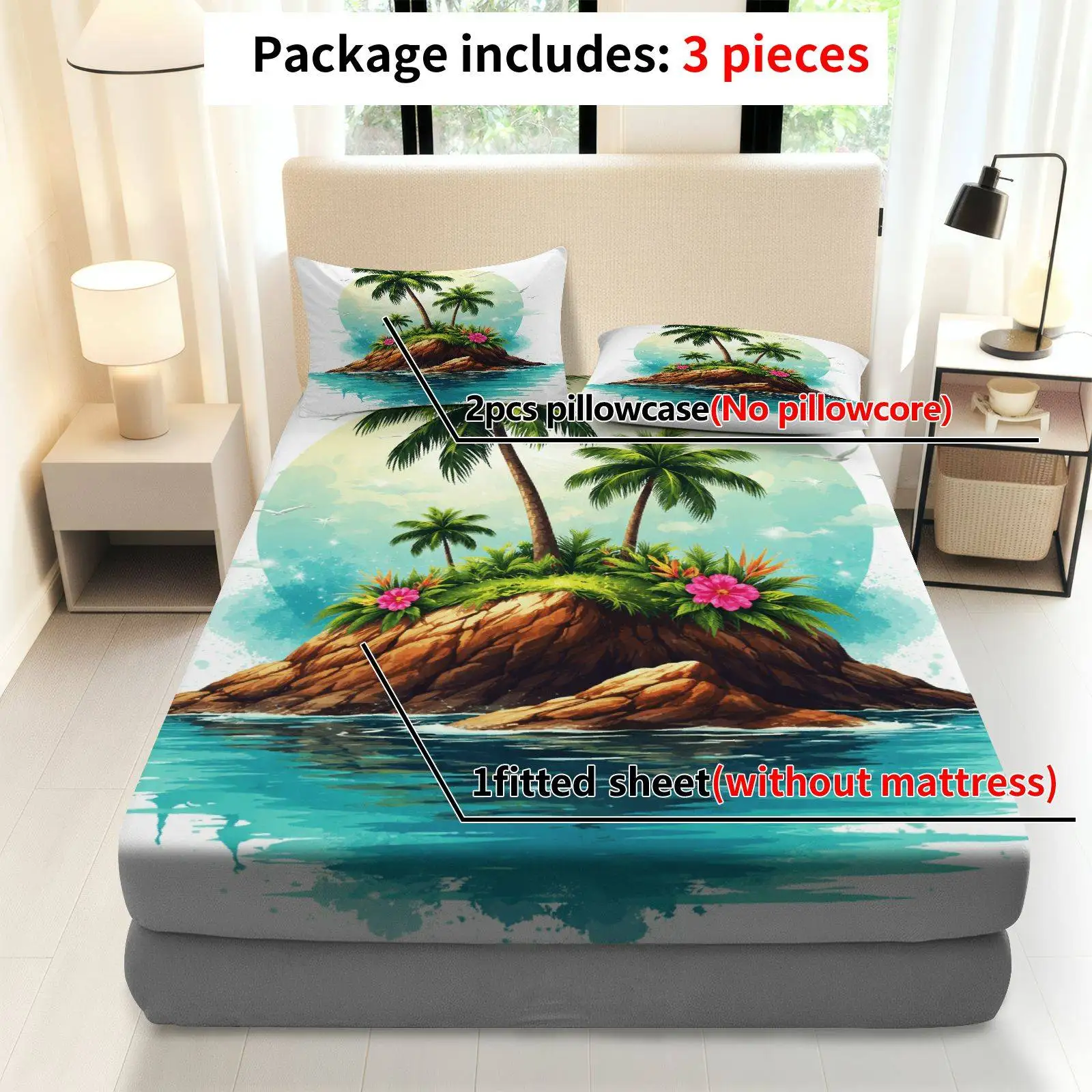 Tropical Island Paradise Bed Sheet Set, Summer-Themed Beach Style Bedding Set with Bed Sheet and Pillowcases, Three-Piece Bedding Set (includes 1 bed sheet + 2 pillowcases), 3-Piece Set, Large-Capacity Deep Pocket 2D Printed Bed Sheet and 2 Pillowcases, Bedding Mattress Protector, Elastic-Fitted Bed Sheet, Protective Cover, Mattress Protector, Suitable for All Seasons, Machine Washable Design, Holiday Decoration, Various Sizes, Breathable Protective Cover with Pillowcase