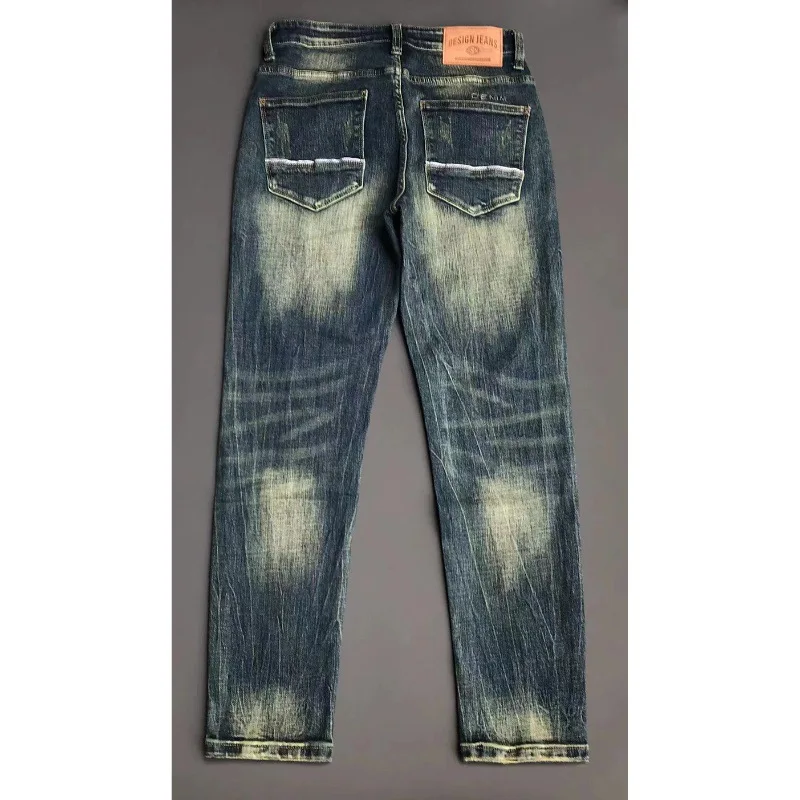 High-end retro jeans men's 2024 New Fashion Street slim fit skinny fashion wash thick distressed motorcycle long pants
