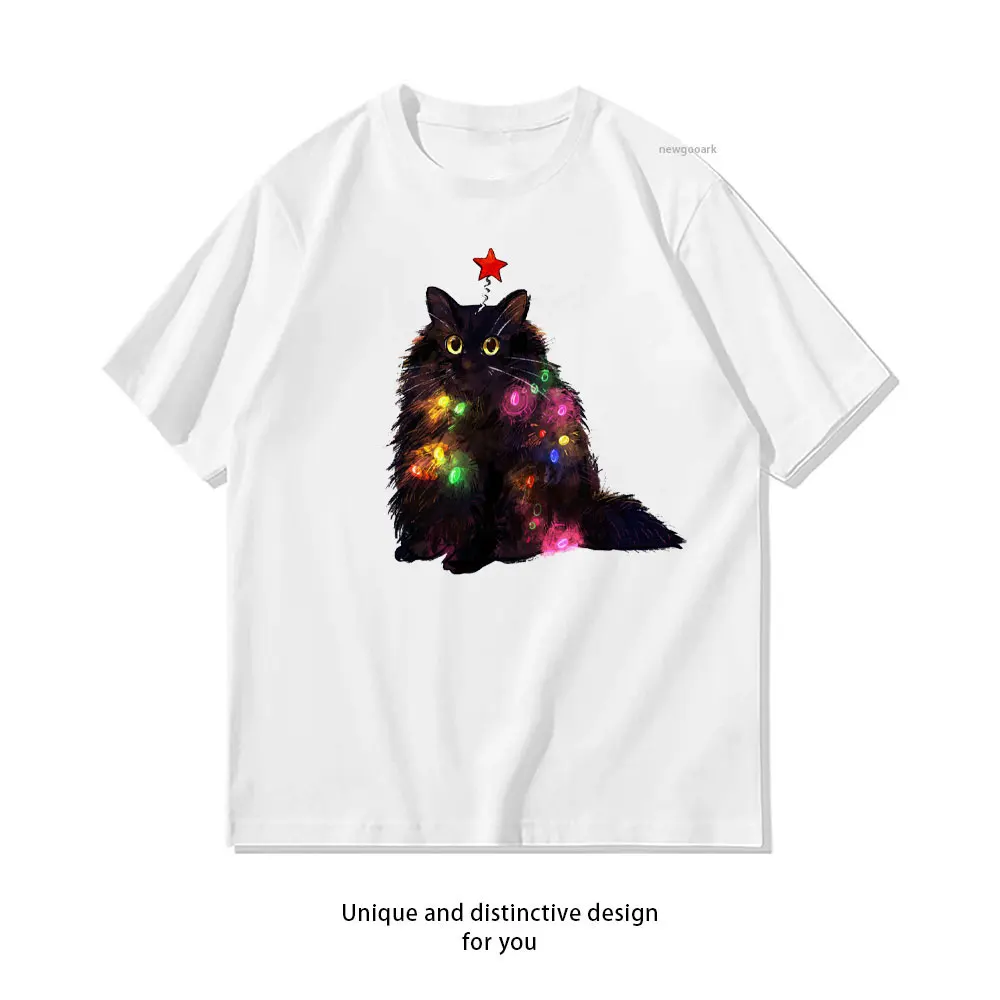 12 Day of Catmas Day 1 Christmas Lights Black Cat T-Shirt Woman Man Casual Cotton Graphic T Shirts Classic O-neck Shirt
