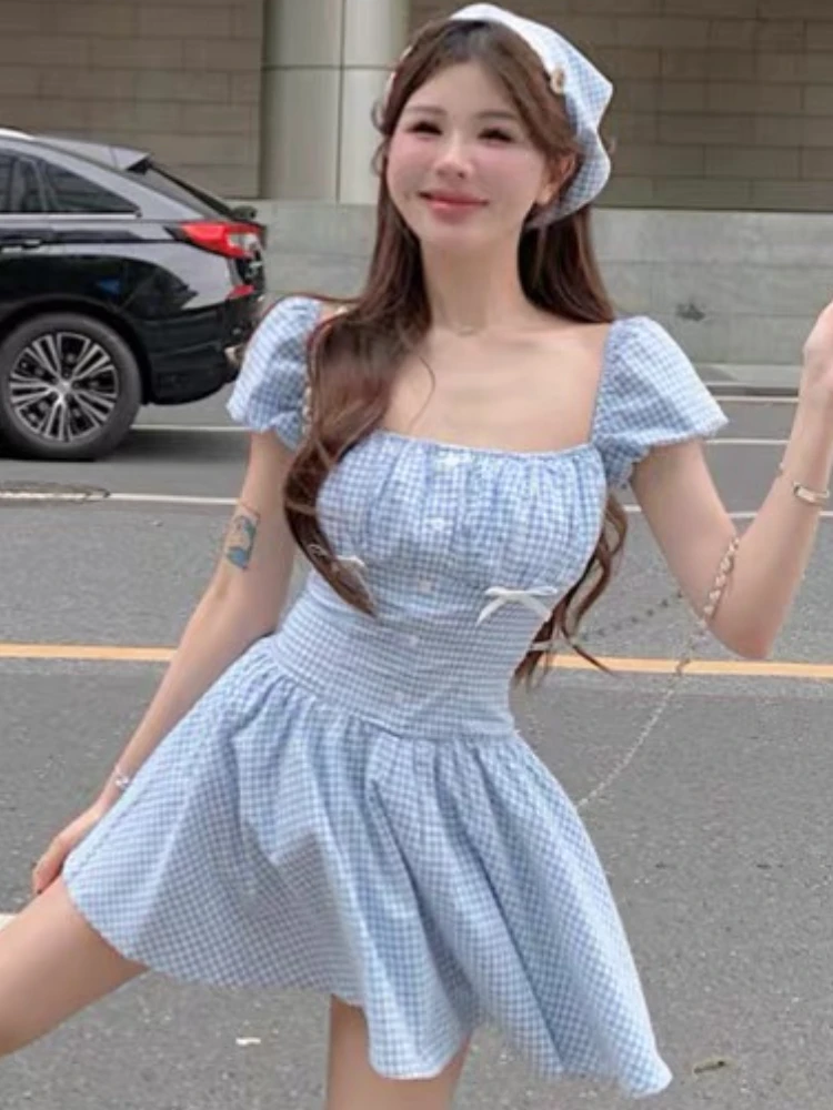 

Summer Plaid French Vintage Dress Women Evening Fairy Bow Party One Piece Dress Female Korean Fashion Casual Sweet Dress 2024