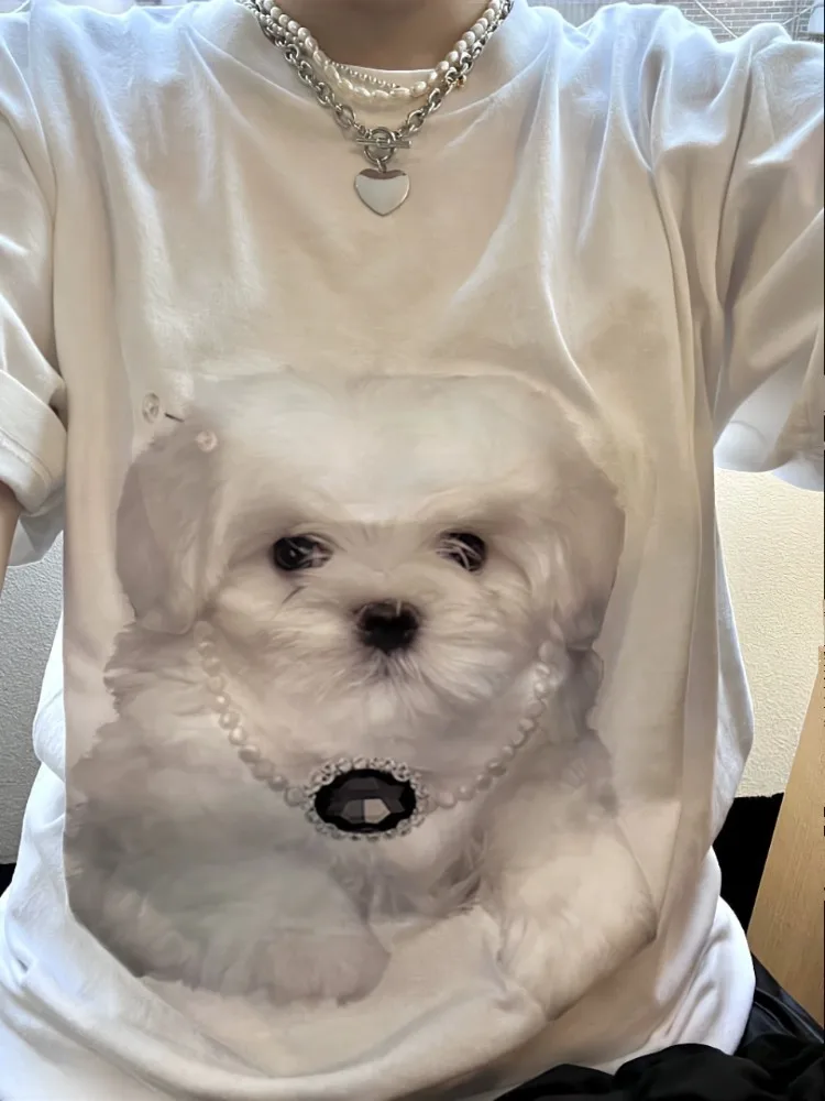 ADAgirl Kawaii Dog Print T-shirts Women Funny Graphic White Tees Short Sleeve Top Korean Fashion Casual Aesthetic Cotton Clothes