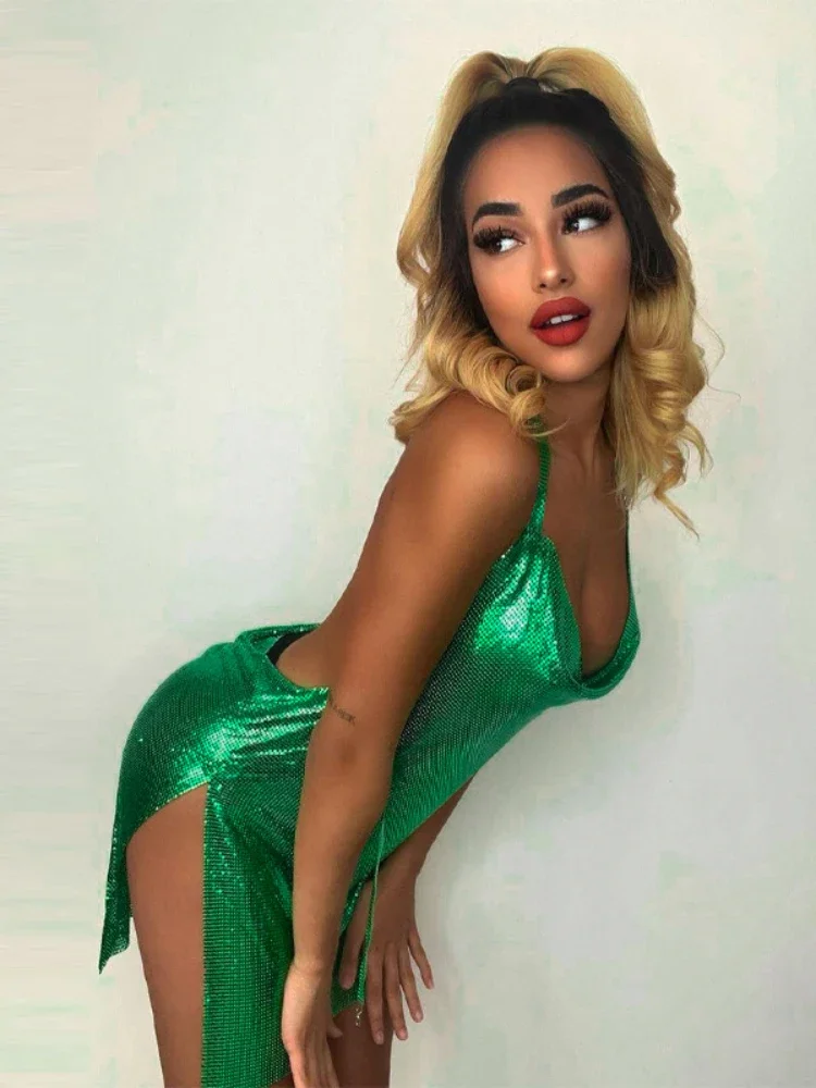 Vestido corto elegante para mujer, Sexy y a la moda, con cuello colgante, espalda descubierta, parte inferior en el pecho, lentejuelas, vestido de fiesta para chica y baile