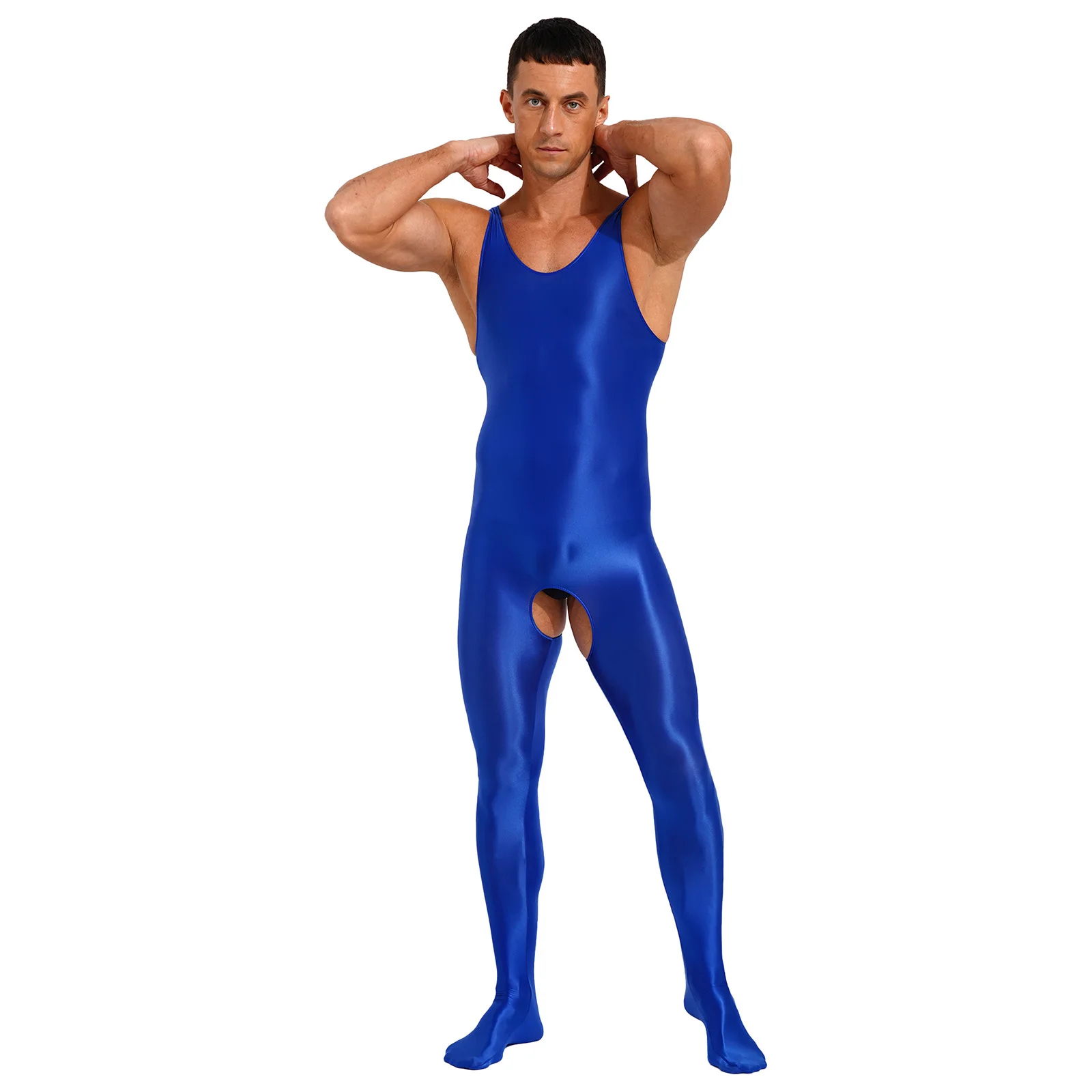 Mens Lingerie Crotchless Full Body Bodysuit Glossy Oilly Shiny Smooth Stretchy Sleeveless U Neck Open Crotch Footed Jumpsuit