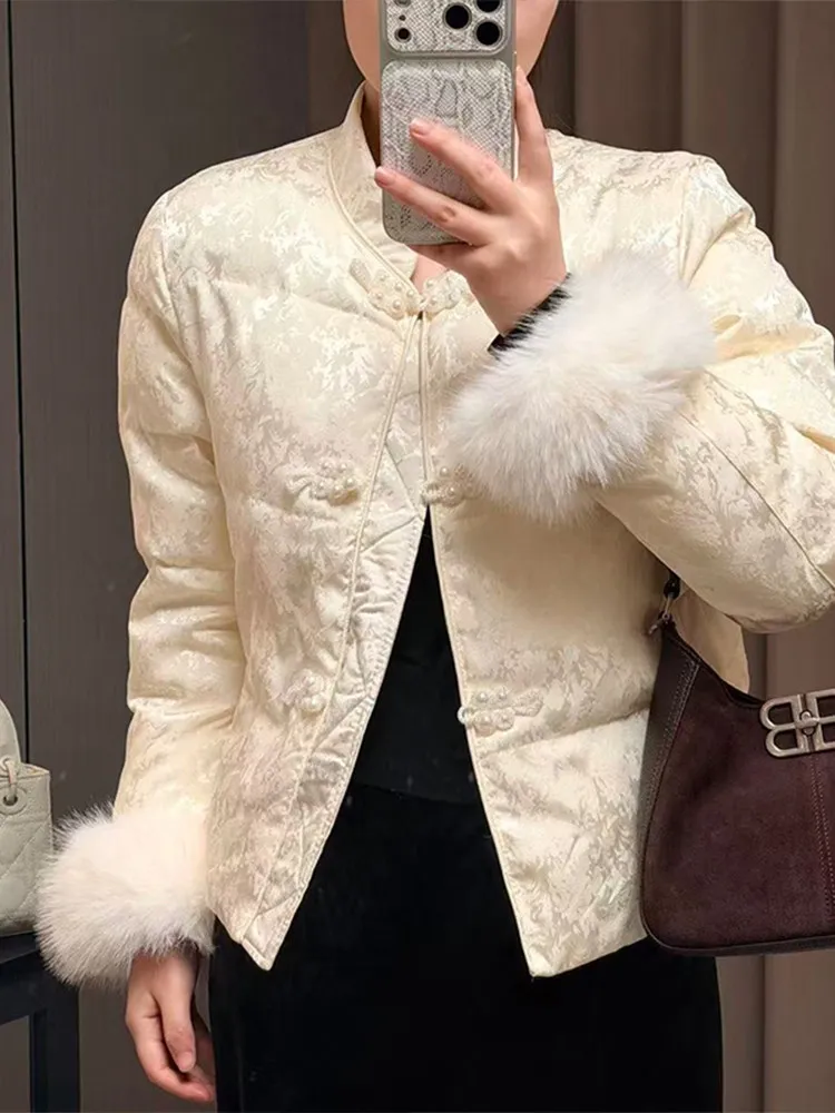 

New Chinese Style National Trend Embroidered Button White down Cotton Jacket Women's Fashion Casual Thick Warm Stand Collar C...