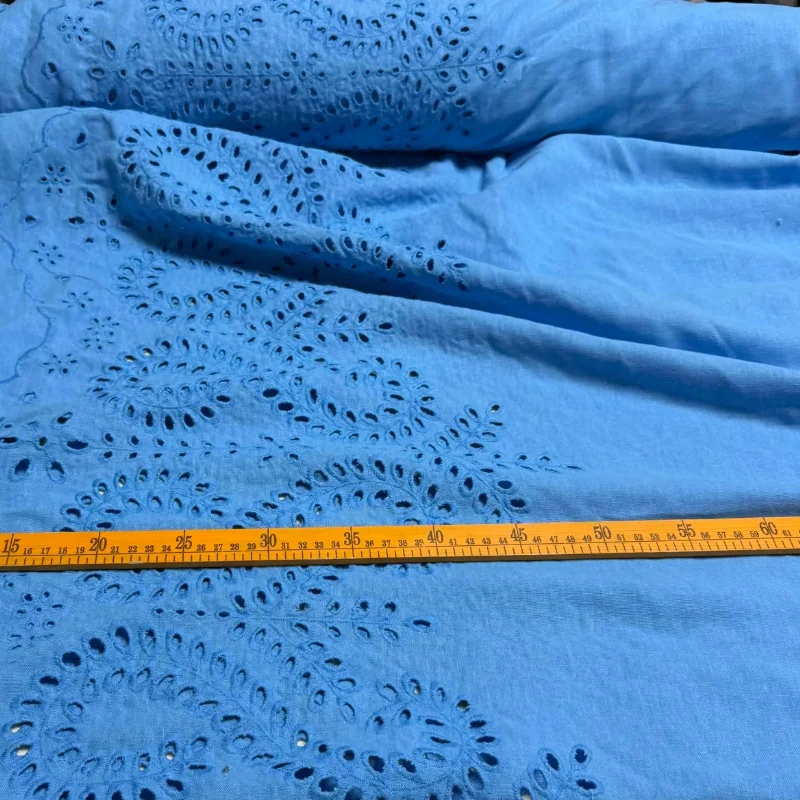 Skin Friendly Blue Embroidery Lace Hollow Out Fabric Sand Washed Linen Spring Summer Breathable Dress Handmade DIY Home Material view 3