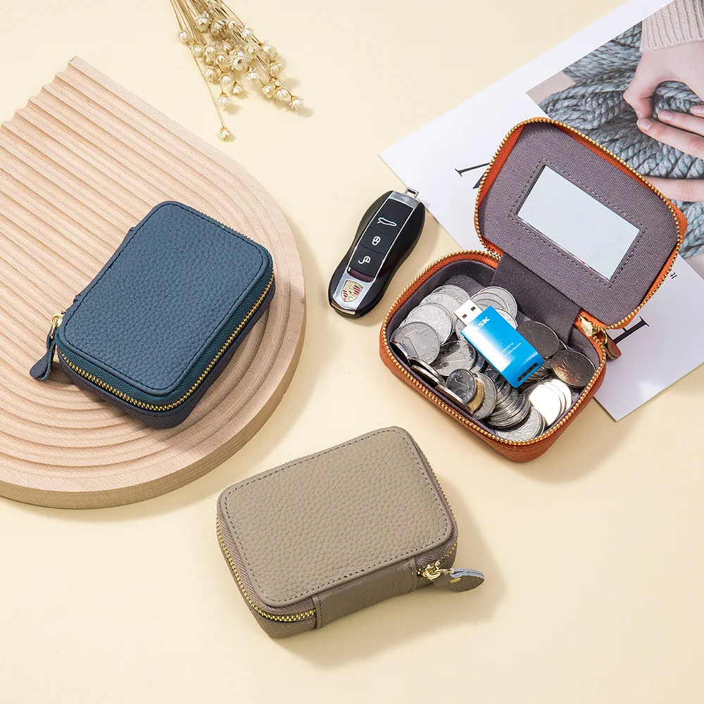 Women's Genuine Leather Lipstick Bag with Mirror Urban Commuter Exquisite Cosmetic Bag Mini Make-up Bag Portable Zip Coin Purse