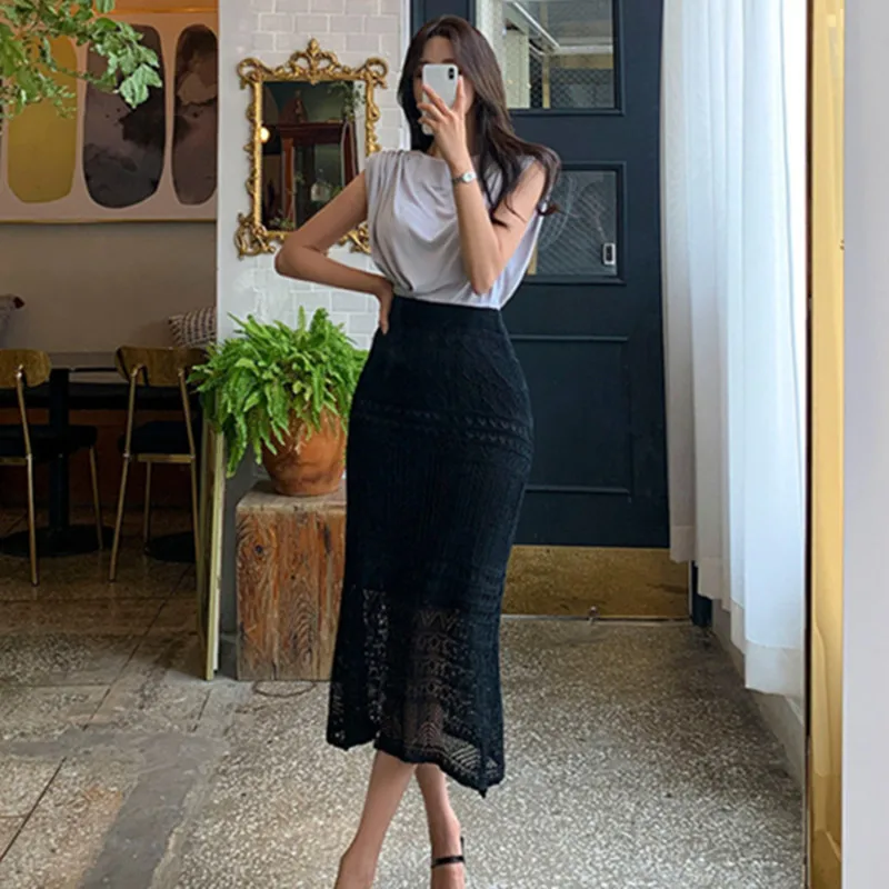 High Quality New Fashion Womens Autumn Long Skirt Elegant Hollow Out Crochet Knitted Maxi Skirt Chic Elasticity Waist Skirts