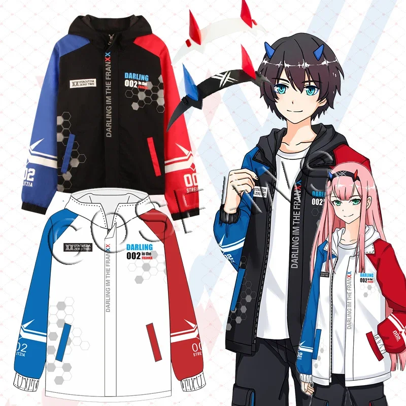 Darling in the Franxx Zero Two 02 Jacket Zipper Hoodie Long Sleeve Hooded Coat Anime Tops Cosplay Costume Coats and Headwear