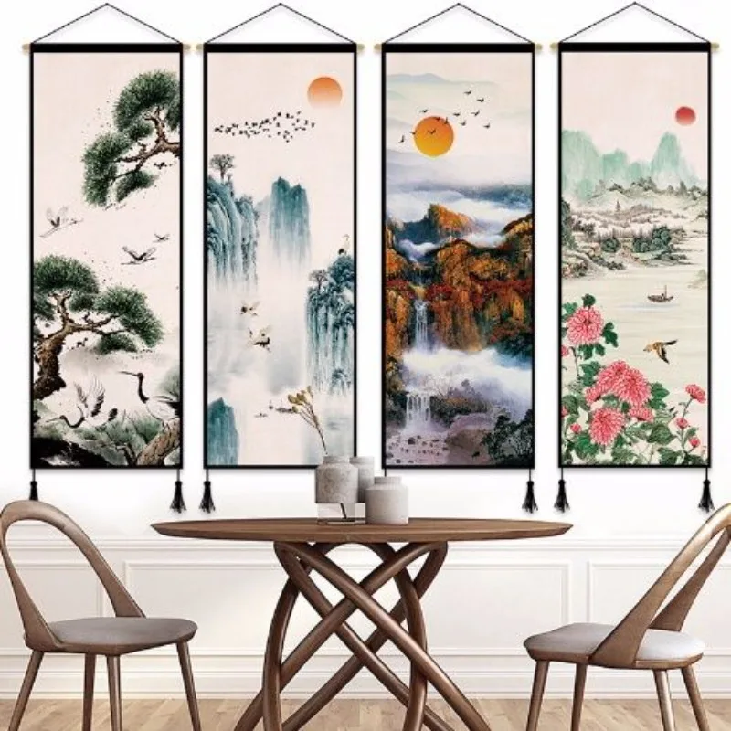 

Feng Shui Ink Landscape Tapestry Wall Hanging - thick cotton and linen cloth Wealth Attracting Scroll for Living Room & Office