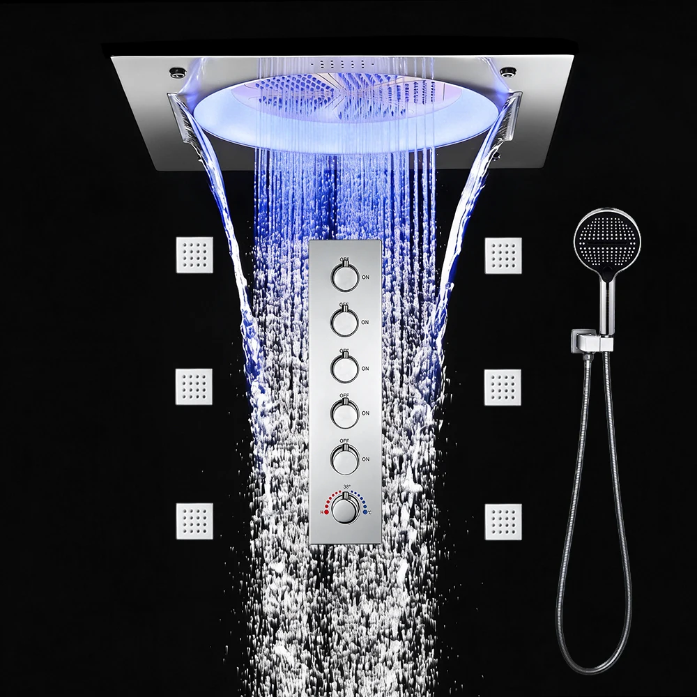 

Qlonn Chrome Luxury Shower Set LED Lighting Music Rain Shower Head Bathroom Faucets System Smart Thermostatic Mixer & Body jet
