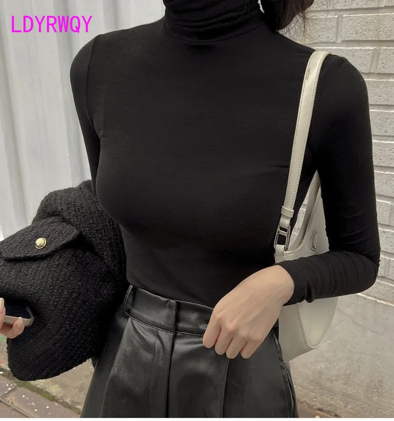 

South Korea 2023 Autumn/Winter New Stacked High Collar Thin Slim Slim Fit Long Sleeve Underlay T-shirt for Women